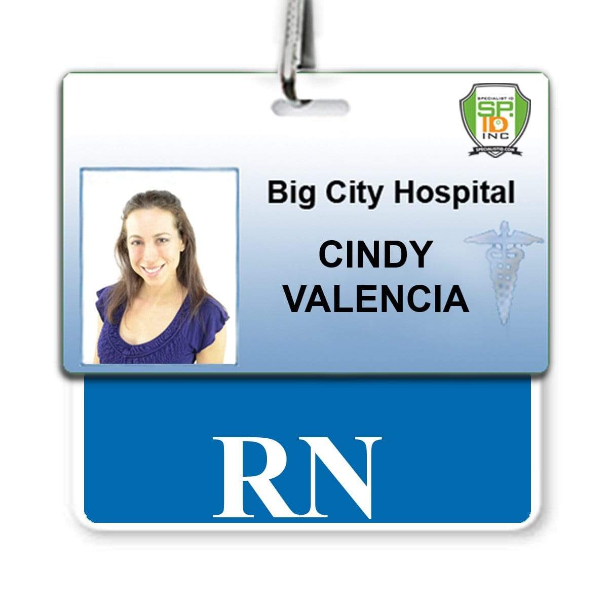 Hospital ID badge with photo, displaying the name "Cindy Valencia," the title "RN," and the logo for Big City Hospital.