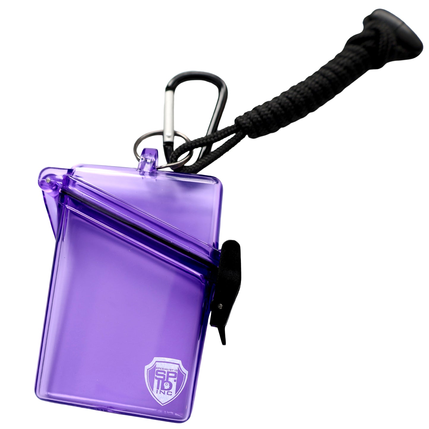 The Clear Waterproof ID Badge Holder with Lanyard and Carabiner (P/N SPID-1690) is pictured against a white background. It’s made from crush-resistant plastic and includes a black lanyard and carabiner.