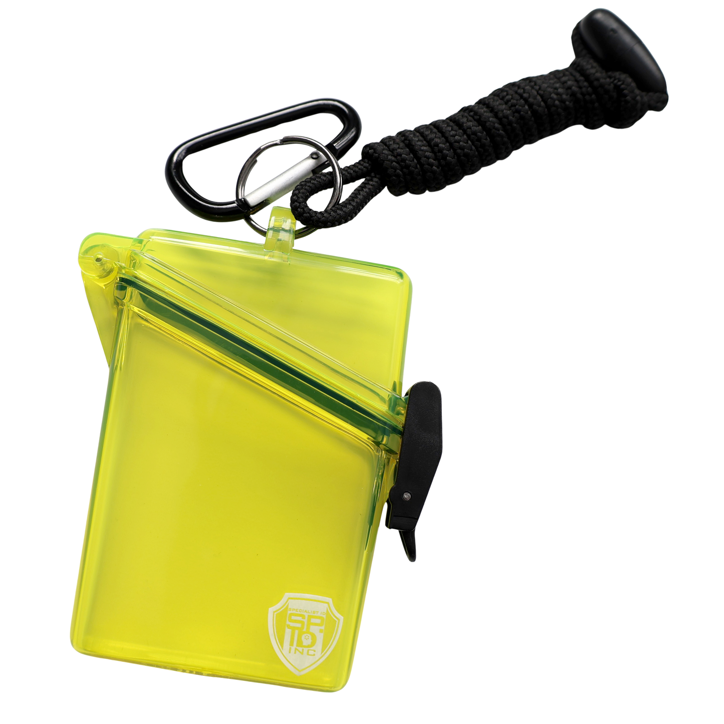 The Clear Waterproof ID Badge Holder with Lanyard and Carabiner (P/N SPID-1690) is a small, crush-resistant, translucent yellow plastic case featuring a white logo in the bottom corner, attached black paracord lanyard, and carabiner.