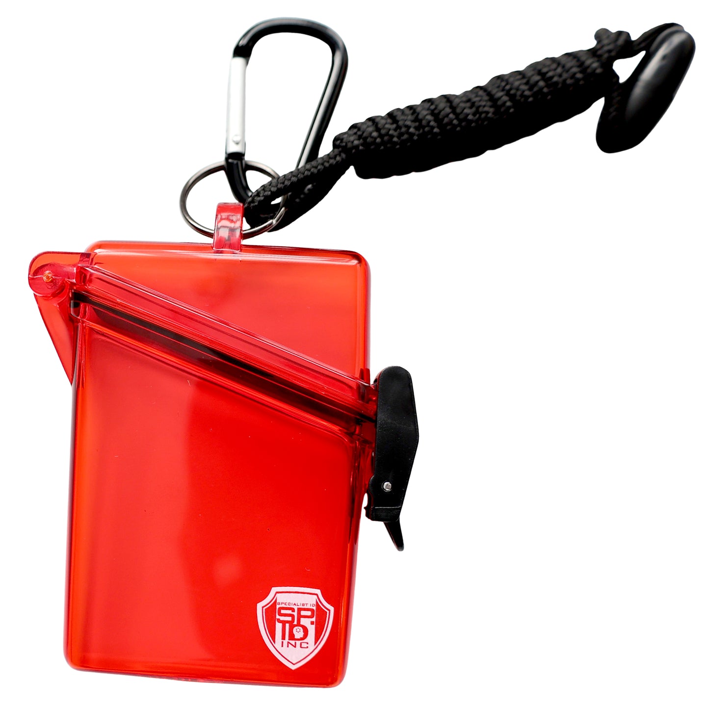 Clear waterproof ID badge holder with lanyard and carabiner (P/N SPID-1690). Features a hinged lid, secure black latch, and braided wrist strap—ideal for keeping your ID safe and dry. SP10 Inc logo on the front.