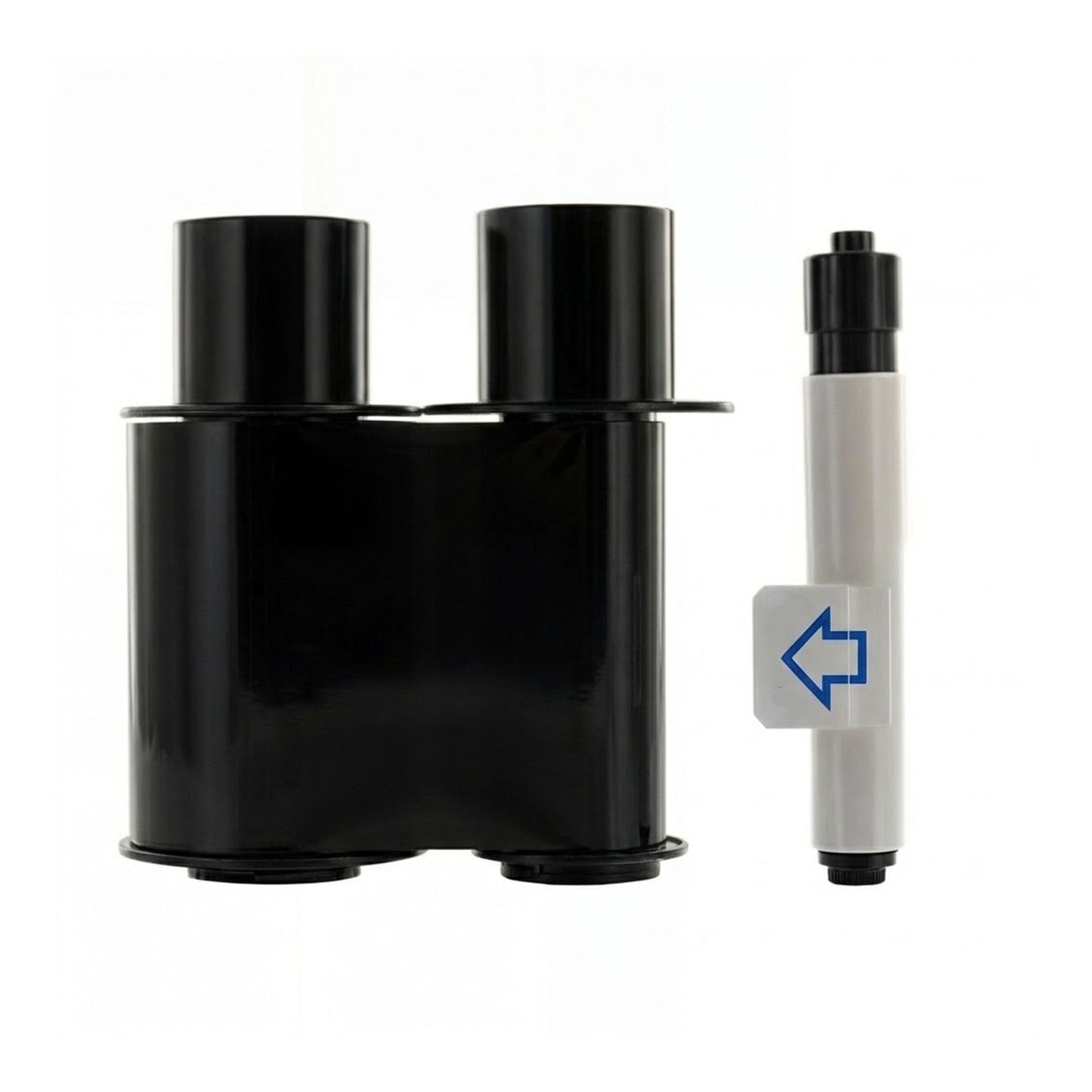 A black twin-chamber water filter cartridge is shown beside a white and black inline filter, both featuring a compact design similar to the HID Fargo 45117 Standard Monochrome Black Ribbon Refill for C50, DTC1000 series ID card printers (1000 prints).