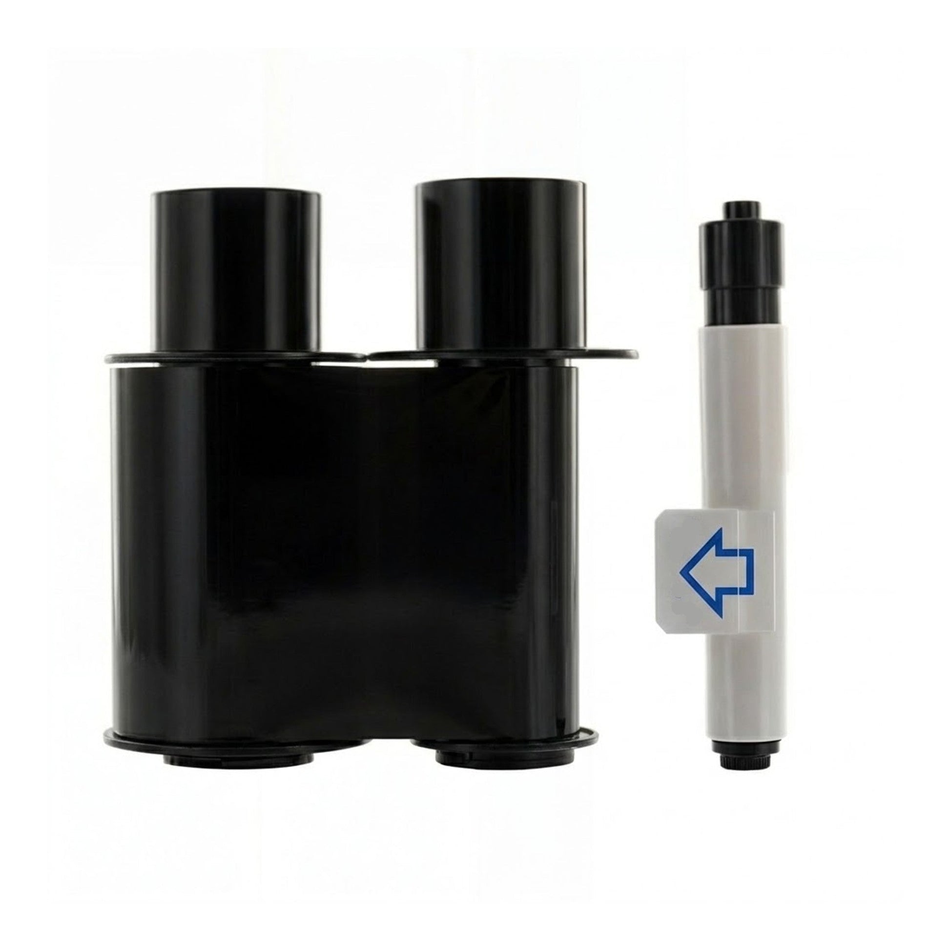 A black twin-chamber water filter cartridge is shown beside a white and black inline filter, both featuring a compact design similar to the HID Fargo 45117 Standard Monochrome Black Ribbon Refill for C50, DTC1000 series ID card printers (1000 prints).