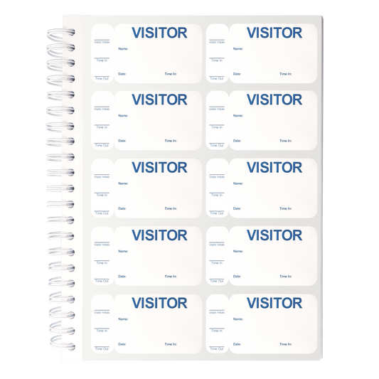 A spiral-bound log book open to show a sheet of visitor stickers. The stickers are white with "VISITOR" written in blue at the top, and spaces for name, date, and time in. Ideal for any visitor ID system, **Non-Expiring Visitor Badge and Log Book - 500 Badges (05751)** keeps your check-in process organized.