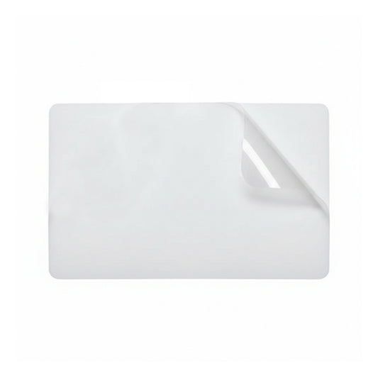 A white CR80 ID card with one corner peeled back showcases the Self Adhesive UV Protecting Overlay for Standard CR80 ID Cards (0602-4950) beneath its surface.