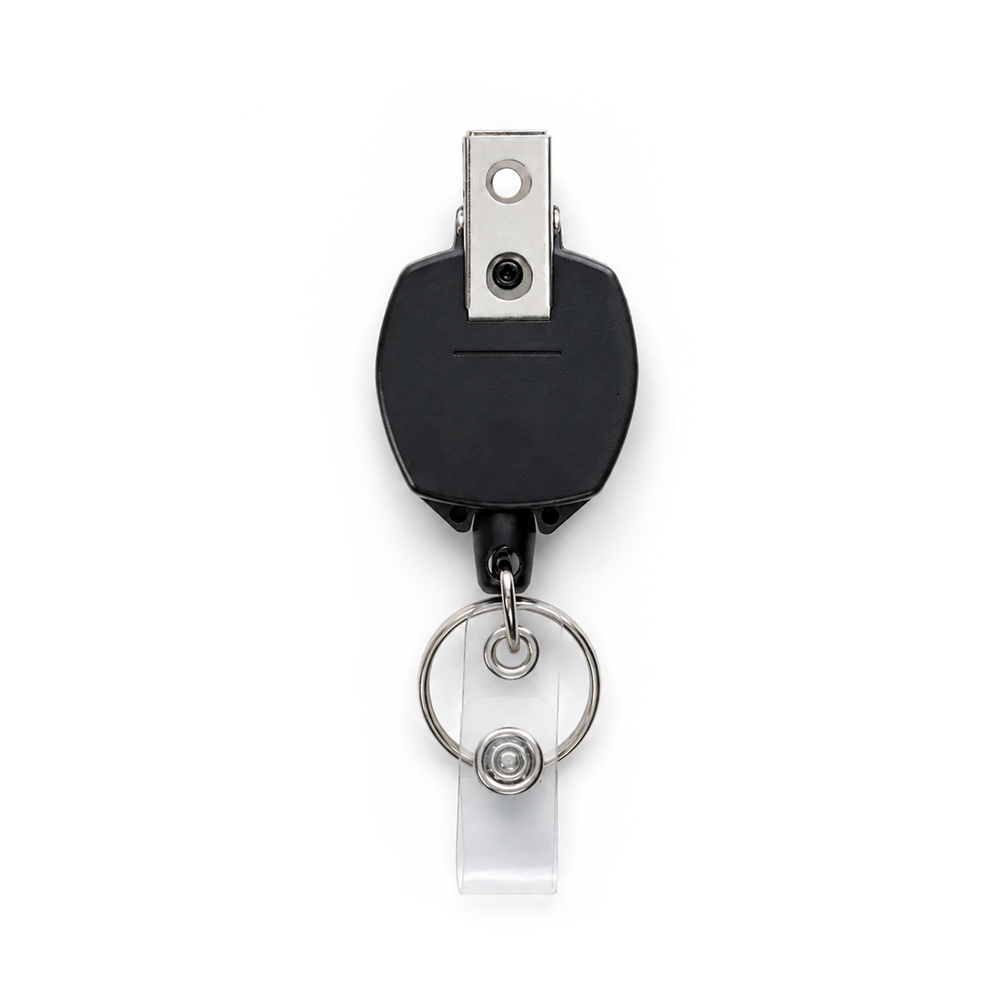 Back of black KEY-BAK Sidekick badge reel with metal bulldog clip