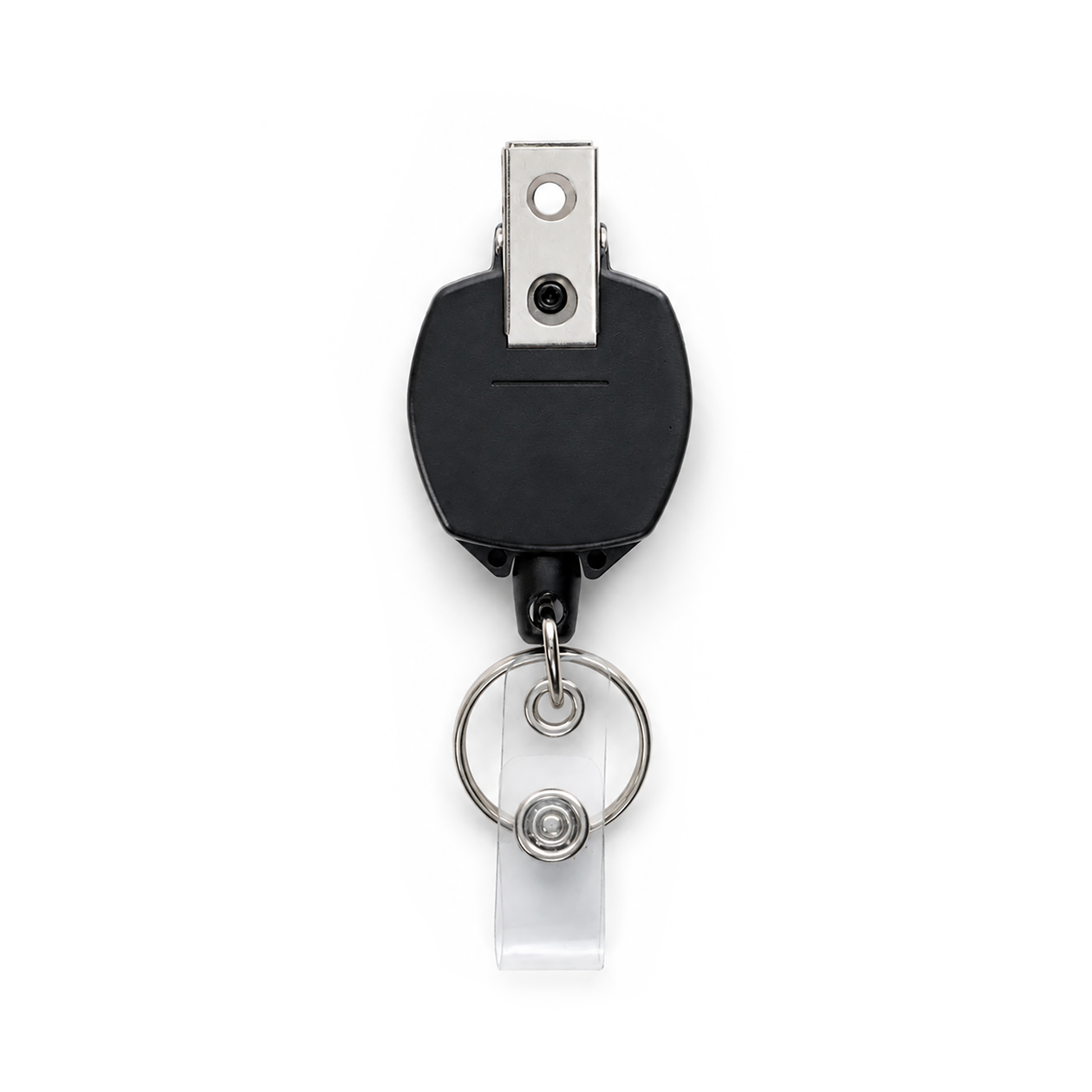 Back of black KEY-BAK Sidekick badge reel with metal bulldog clip