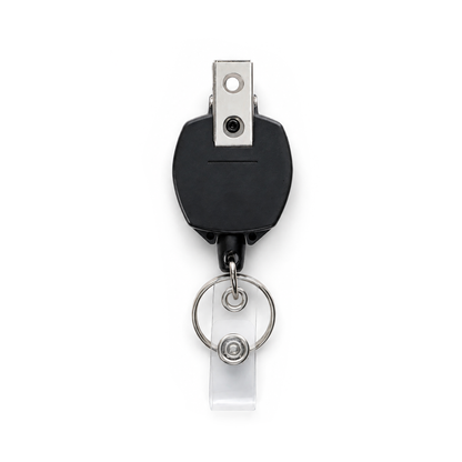 Back of black KEY-BAK Sidekick badge reel with metal bulldog clip