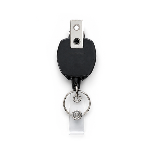 Black badge holder back with a metal bulldog clip on a white background