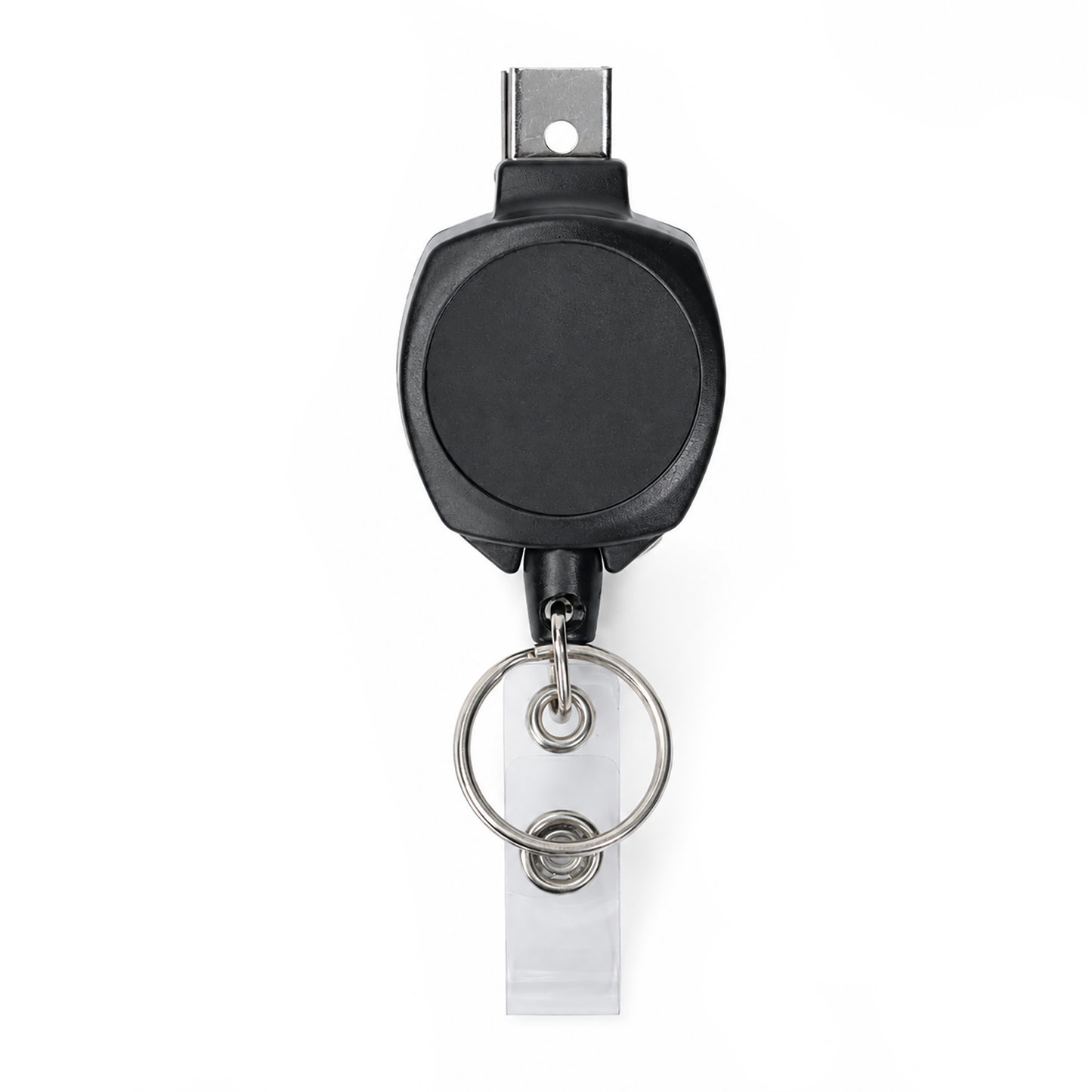 Black KEY-BAK Sidekick badge reel with bulldog clip, key ring, and ID strap