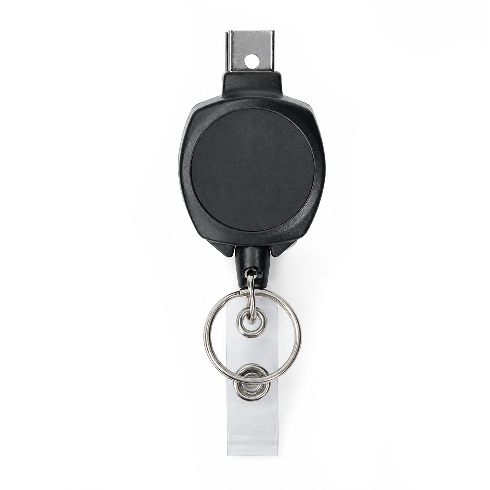 Black KEY-BAK Sidekick badge reel with bulldog clip, key ring, and ID strap