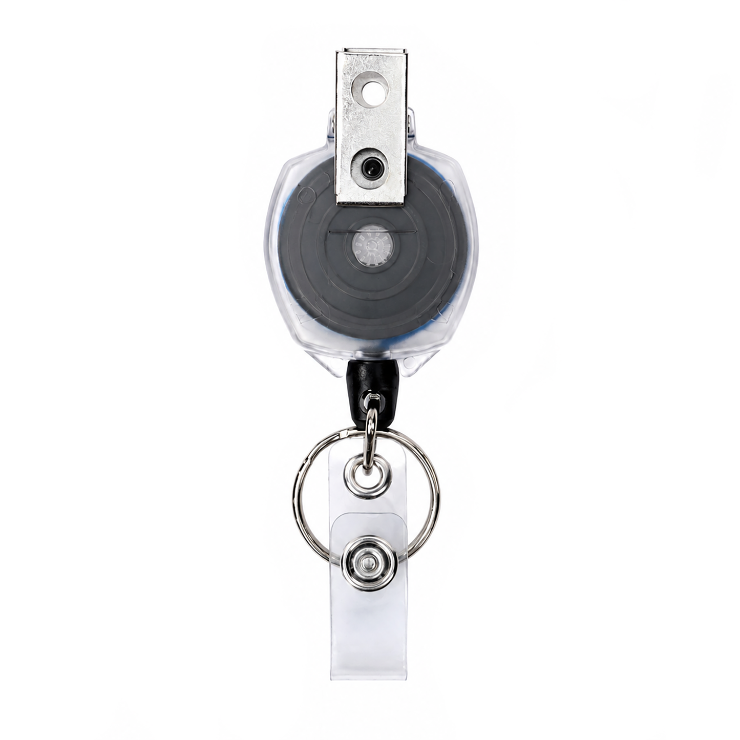 Back of clear KEY-BAK Sidekick badge reel with blue cord and swivel clip