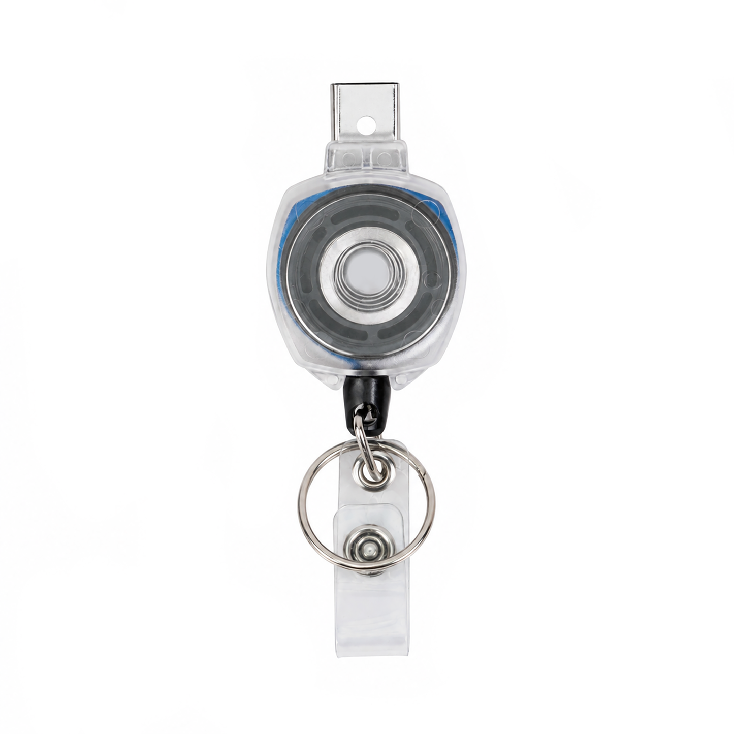Clear KEY-BAK Sidekick badge reel with blue cord, ID strap, and key ring