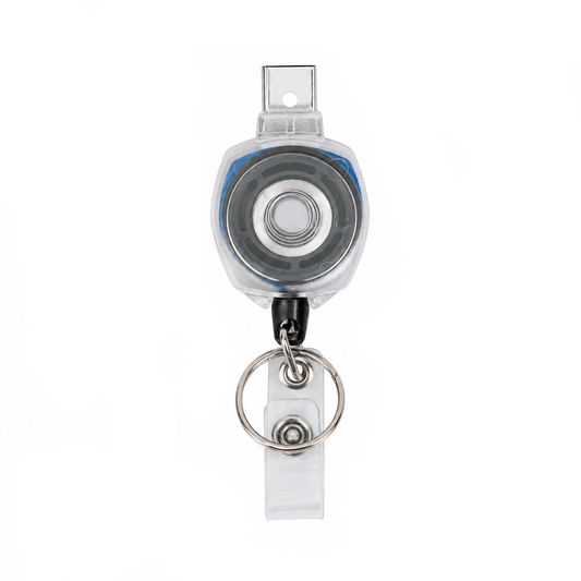 Clear KEY-BAK Sidekick badge reel with blue cord, ID strap, and key ring