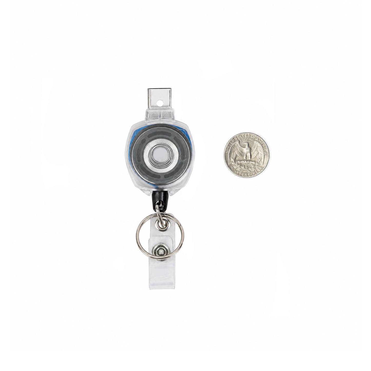 The KEY-BAK Sidekick Heavy Duty Retractable Badge Reel with Swivel Alligator Clip, featuring a 24" Kevlar cord, is displayed alongside a U.S. quarter on a white background with a clear plastic badge holder and metal key ring.