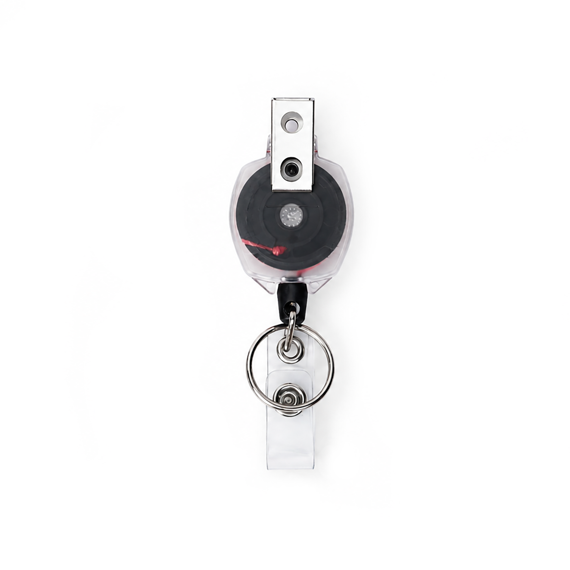 Back of clear KEY-BAK Sidekick badge reel with pink cord and swivel clip