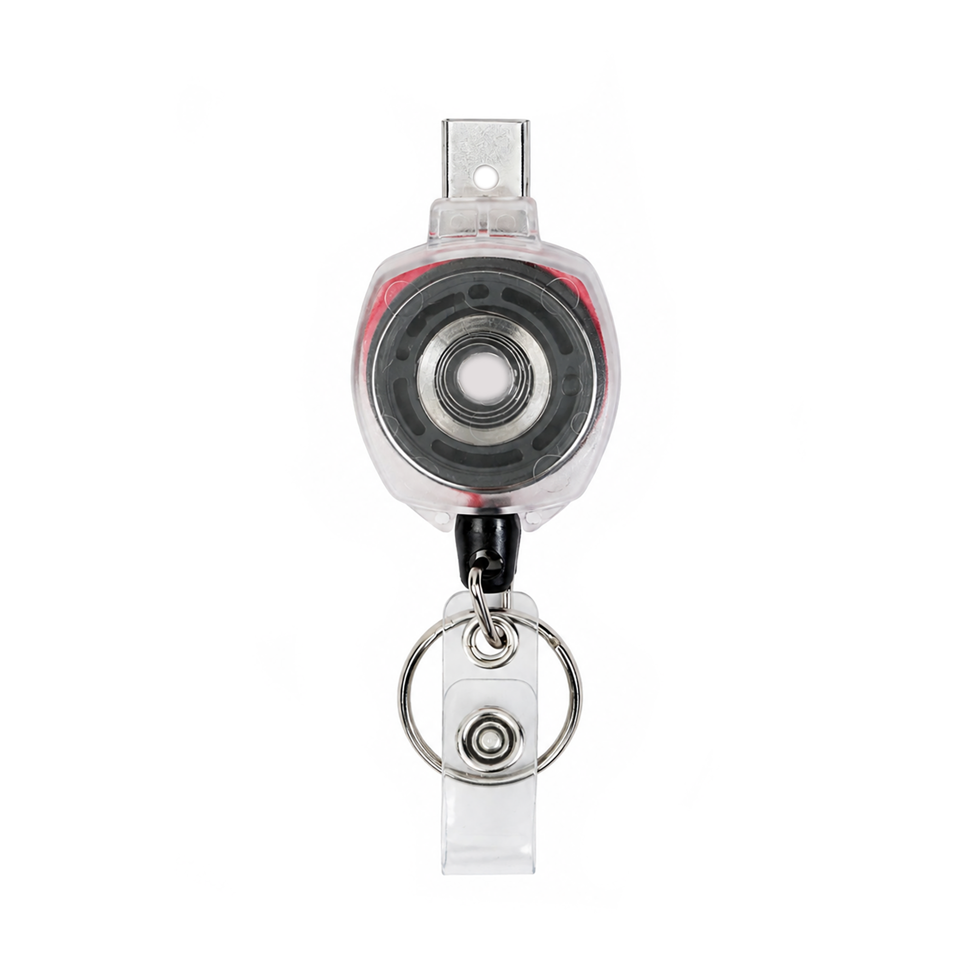 Clear KEY-BAK Sidekick badge reel with pink cord, ID strap, and key ring