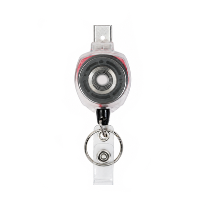 Clear KEY-BAK Sidekick badge reel with pink cord, ID strap, and key ring