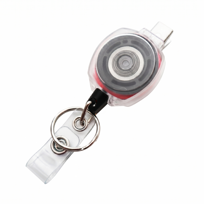 Clear KEY-BAK Sidekick badge reel with pink cord and key ring