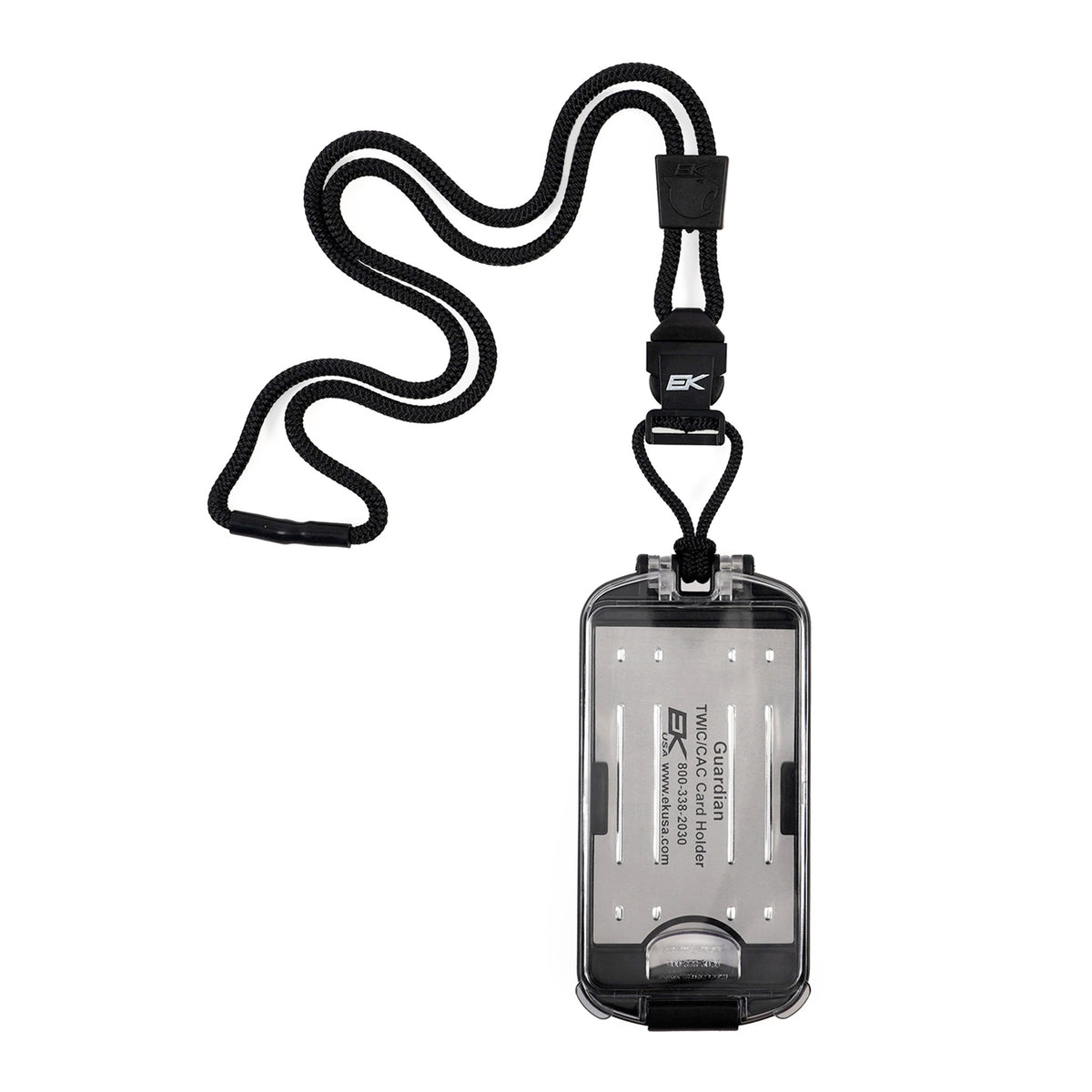 EK USA Guardian RFID Blocking Hard Shell Badge Holder with Detachable Lanyard (10935), shown on a white background. The hard shell badge holder features a secure locking mechanism and printed text on the front, and comes with an attached detachable lanyard.