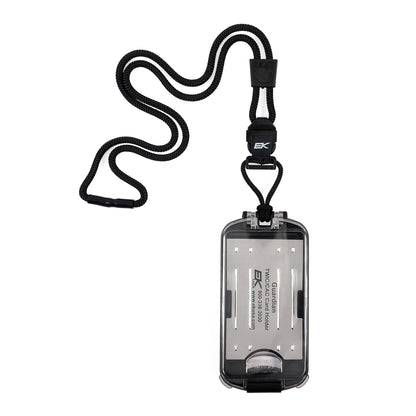 EK USA Guardian RFID Blocking Hard Shell Badge Holder with Detachable Lanyard (10935), shown on a white background. The hard shell badge holder features a secure locking mechanism and printed text on the front, and comes with an attached detachable lanyard.