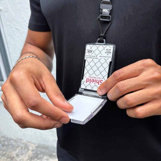 A person places a card into the EK USA One Hander RFID Blocking Badge Holder (10983) and attaches it to the included detachable lanyard for convenience.