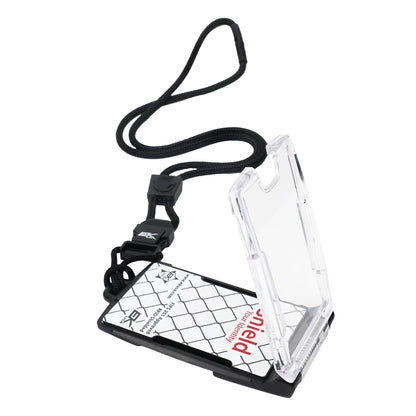 The EK USA One Hander RFID Blocking Badge Holder (10983) is shown open with a detachable black lanyard securely displays an access card. The transparent holder is showcased against a white background.
