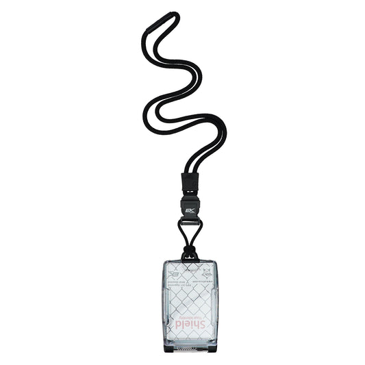 The EK USA One Hander RFID Blocking Badge Holder (10983) with a detachable black lanyard is shown against a white background.