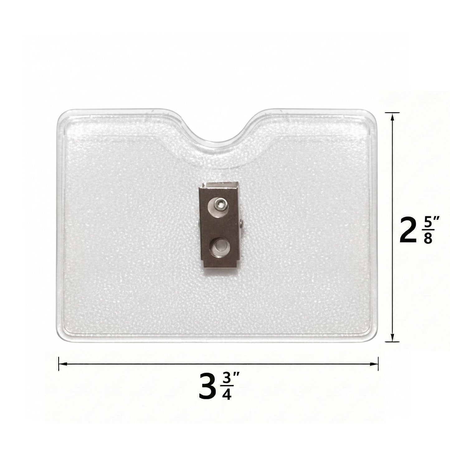 The Horizontal Textured Vinyl Badge Holder with Clip (P/N 1810-1000) is made of clear vinyl, features a sturdy metal clip on the back, and measures 3 3/4" wide by 2 5/8" tall.