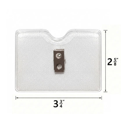 The Horizontal Textured Vinyl Badge Holder with Clip (P/N 1810-1000) is made of clear vinyl, features a sturdy metal clip on the back, and measures 3 3/4" wide by 2 5/8" tall.