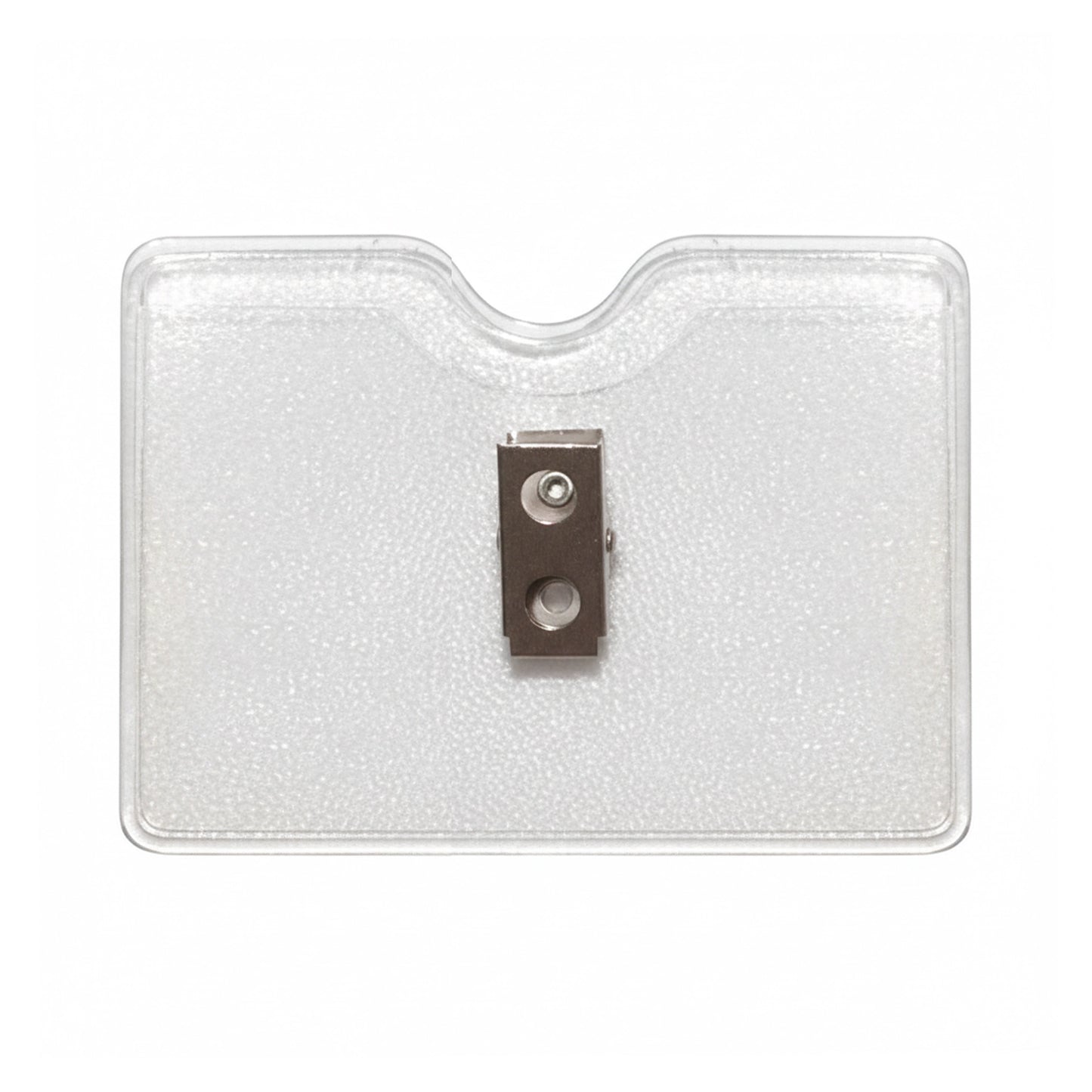 The Horizontal Textured Vinyl Badge Holder with Clip (P/N 1810-1000) features a central metal clip and clear vinyl construction, ensuring your ID stays secure, visible, and easily accessible.