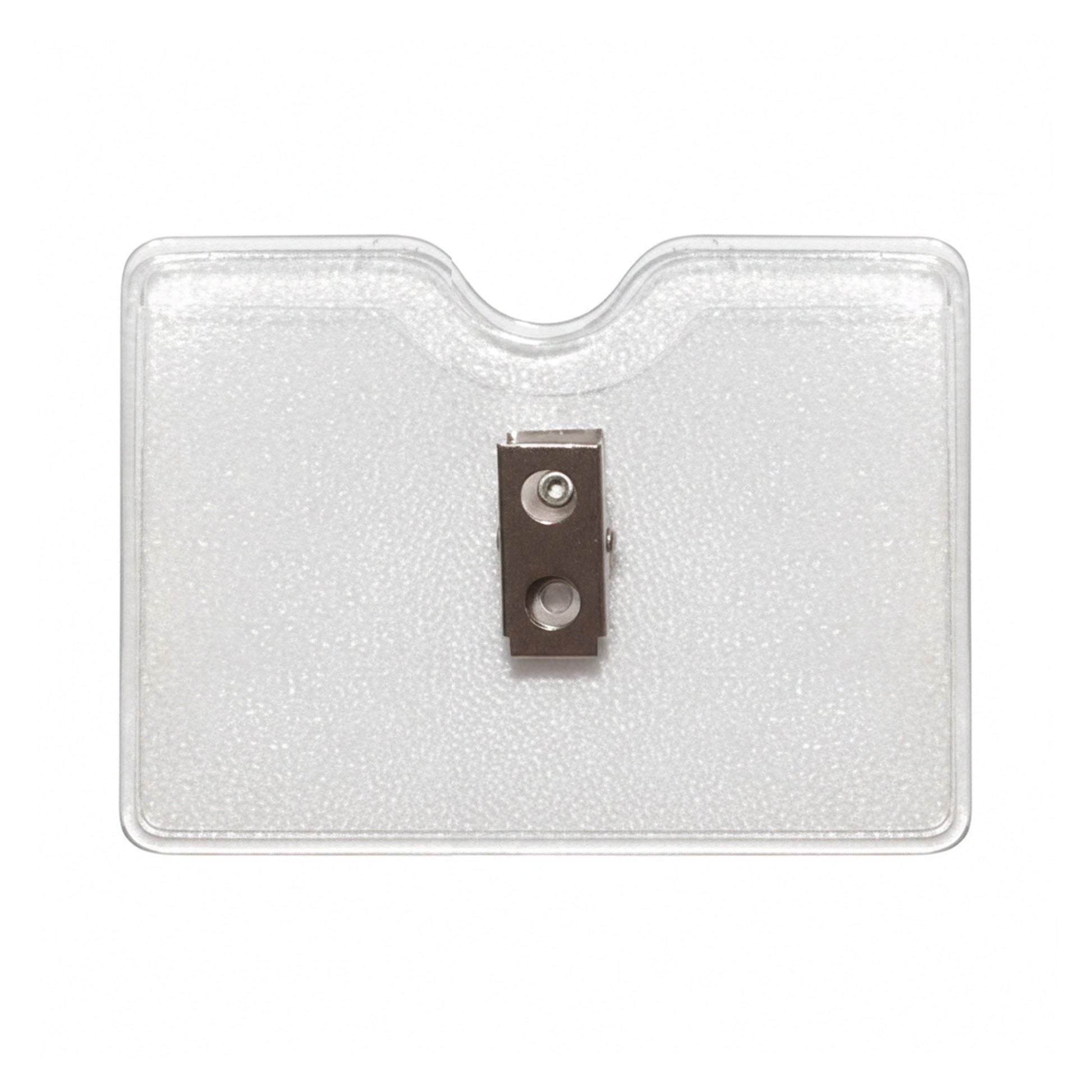 The Horizontal Textured Vinyl Badge Holder with Clip (P/N 1810-1000) features a central metal clip and clear vinyl construction, ensuring your ID stays secure, visible, and easily accessible.