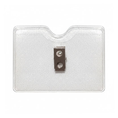 The Horizontal Textured Vinyl Badge Holder with Clip (P/N 1810-1000) features a central metal clip and clear vinyl construction, ensuring your ID stays secure, visible, and easily accessible.