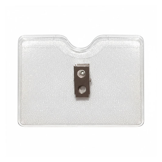 The Horizontal Textured Vinyl Badge Holder with Clip (P/N 1810-1000) features a central metal clip and clear vinyl construction, ensuring your ID stays secure, visible, and easily accessible.