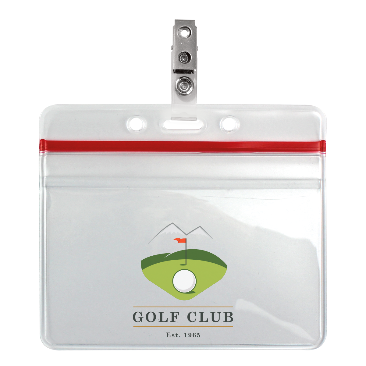Clear vinyl badge holder with a red zip closure, featuring a golf club logo and the text "Golf Club Est. 1965" below an image of a golf course with a flag, Custom Heavy Duty Clear Vinyl Horizontal Badge Holder With Resealable Top (1815-1010).