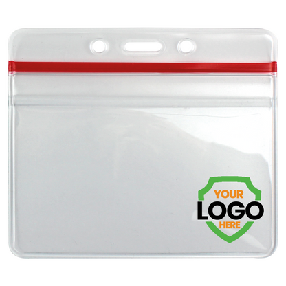 Transparent vinyl badge holder with a red ziplock seal and two punched holes at the top. The lower right corner features a green shield logo with the text "YOUR LOGO HERE" in black and orange. Perfect for those seeking Custom Heavy Duty Clear Vinyl Horizontal Badge Holder With Resealable Top (1815-1010).