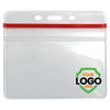 Logo display on durable horizontal vinyl badge holders with red zip tops