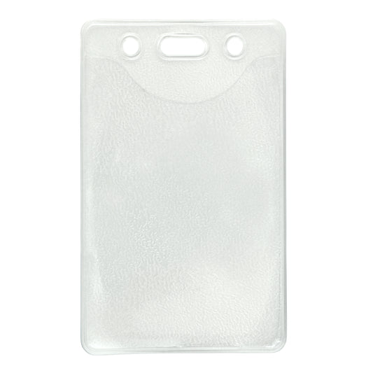 Vertical Heavy Duty Vinyl ID Badge Holder with Reinforced Edges and Orange Peel Texture (1815-1100) with three punch holes at the top for lanyard attachment, featuring reinforced edges for extra durability.