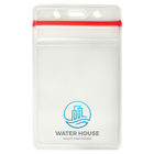 A Custom Heavy Duty Vinyl Vertical Badge Holder w/ Resealable Zip Top (1815-1110) with a red seal at the top, featuring the logo and text "Water House Resort Real Estate" on the front. The logo includes an illustration of two buildings over waves, making it perfect for those in need of custom badge holders.