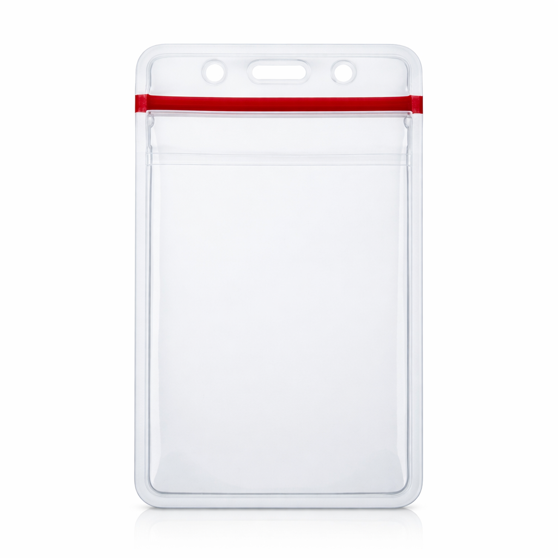 A Heavy Duty Vertical Multi-Card Badge Holder with Resealable Zip Top (1815-1110) with a clear plastic vertical ID display, featuring a resealable red zip closure and two holes at the top for attaching a lanyard.