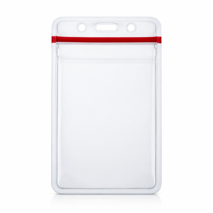 A Heavy Duty Vertical Multi-Card Badge Holder with Resealable Zip Top (1815-1110) with a clear plastic vertical ID display, featuring a resealable red zip closure and two holes at the top for attaching a lanyard.