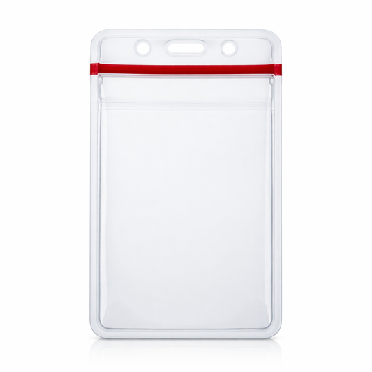 A Heavy Duty Vertical Multi-Card Badge Holder with Resealable Zip Top (1815-1110) with a clear plastic vertical ID display, featuring a resealable red zip closure and two holes at the top for attaching a lanyard.