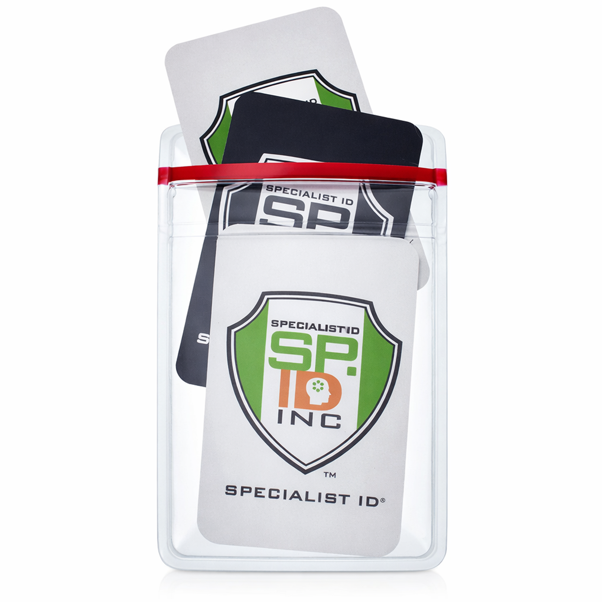 Three Heavy Duty Vertical Multi-Card Badge Holder with Resealable Zip Top (1815-1110) in black and gray are shown inside a clear plastic envelope with a red resealable top seal. The badges, which feature a green and orange logo, are designed for vertical ID display.