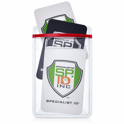 Three Heavy Duty Vertical Multi-Card Badge Holder with Resealable Zip Top (1815-1110) in black and gray are shown inside a clear plastic envelope with a red resealable top seal. The badges, which feature a green and orange logo, are designed for vertical ID display.