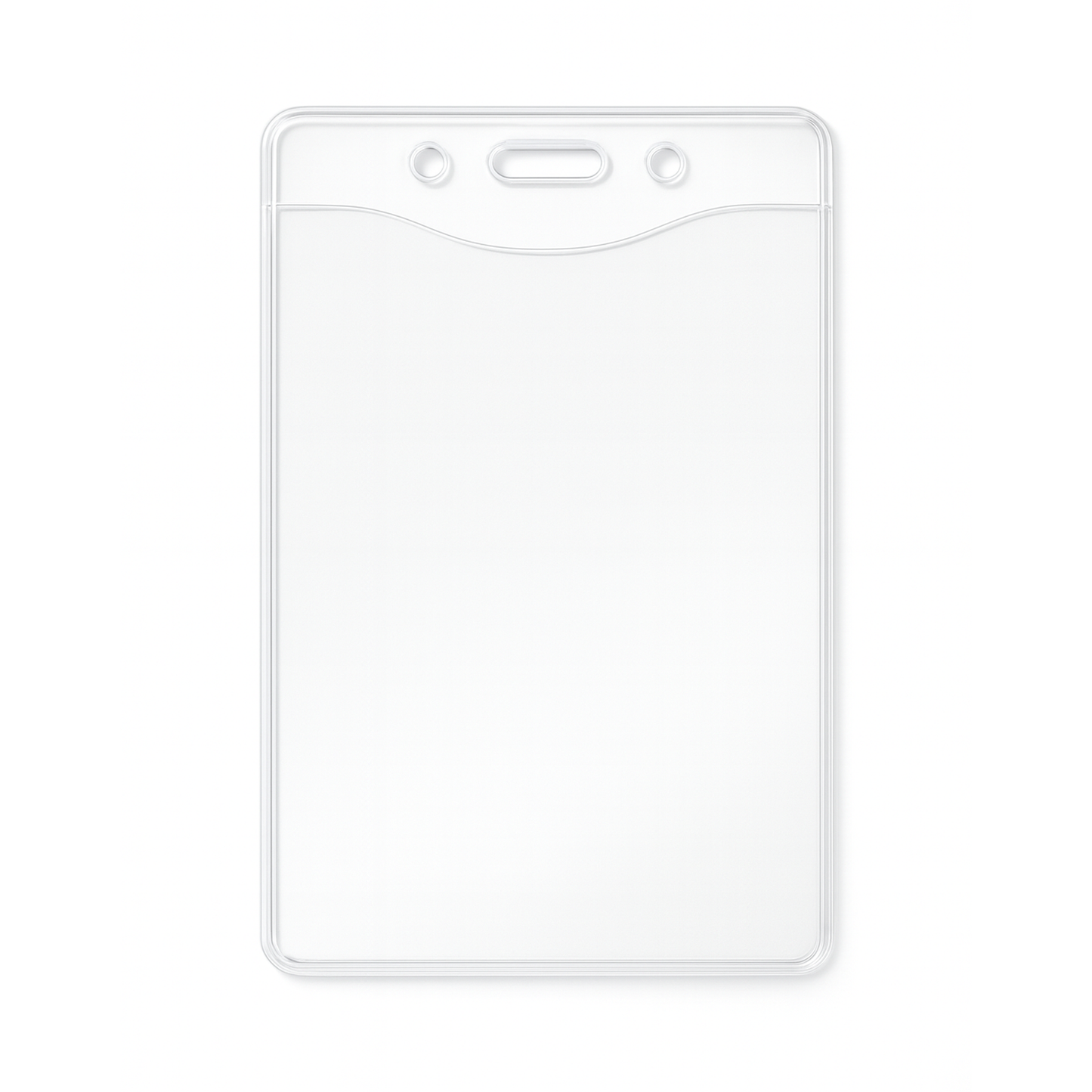 A PureClear 3X4 Earth Friendly Vertical Convention Size Badge Holder 106-JL / 1815-1126, featuring a clear, transparent design with two small punch holes and a larger horizontal slot at the top.