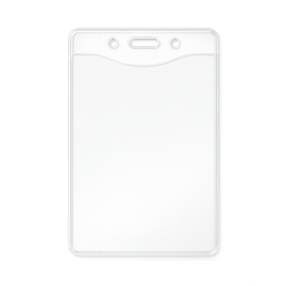 A PureClear 3X4 Earth Friendly Vertical Convention Size Badge Holder 106-JL / 1815-1126, featuring a clear, transparent design with two small punch holes and a larger horizontal slot at the top.