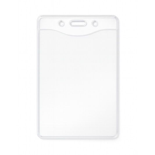 A PureClear 3X4 Earth Friendly Vertical Convention Size Badge Holder 106-JL / 1815-1126, featuring a clear, transparent design with two small punch holes and a larger horizontal slot at the top.