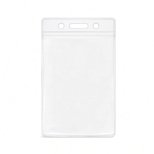 Clear vertical vinyl ID badge holder with slot and chain holes, standard credit card size, empty holder on a white background (1820-1050)