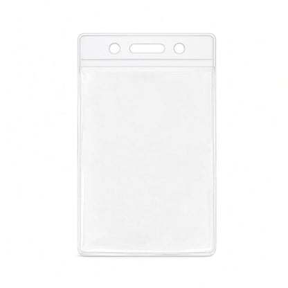Clear vertical vinyl ID badge holder with slot and chain holes, standard credit card size, empty holder on a white background (1820-1050)