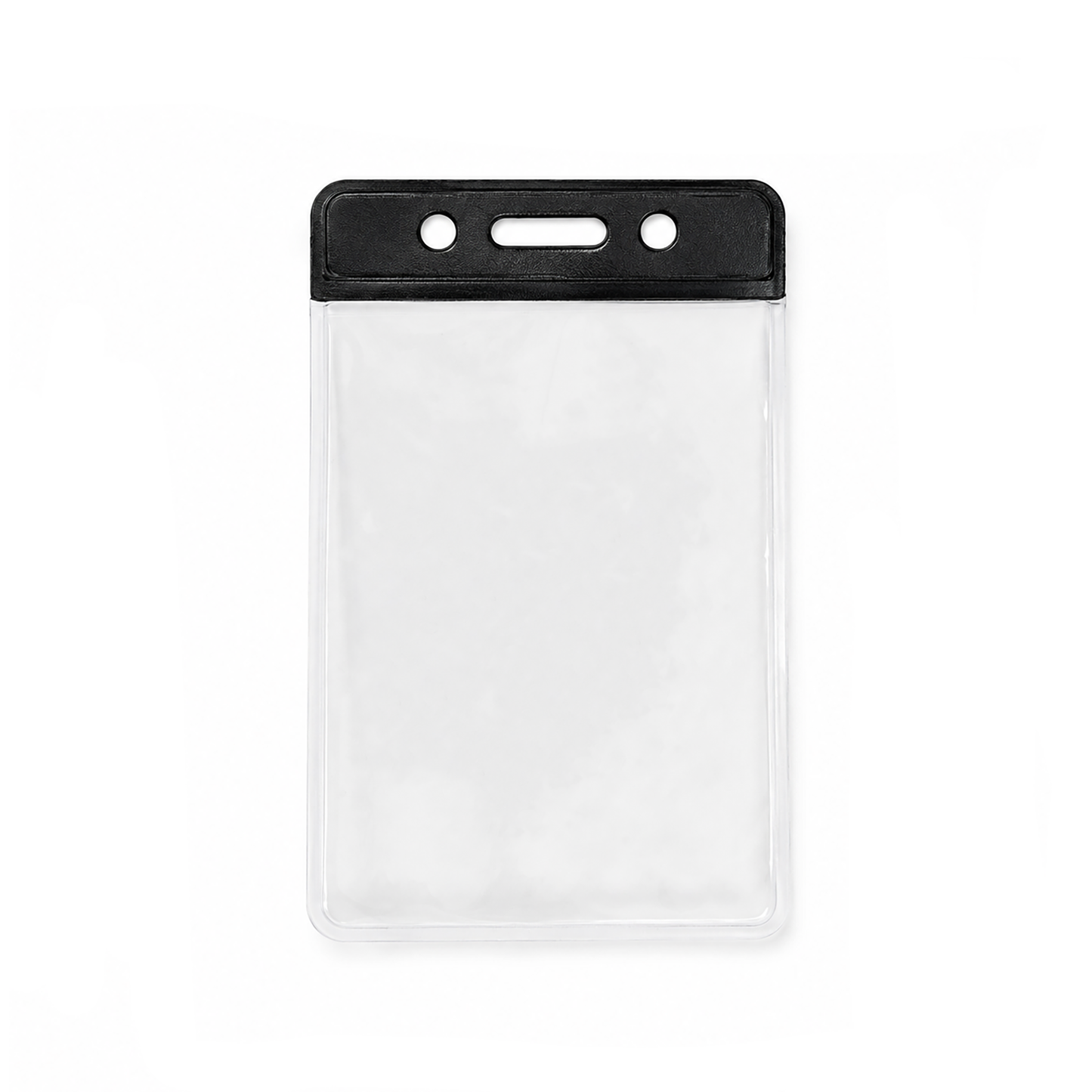 A vertical clear plastic ID badge holder sleeve with a black top header bar and three hanging holes (slot and chain), shown on a plain white background. (1820-1051) 