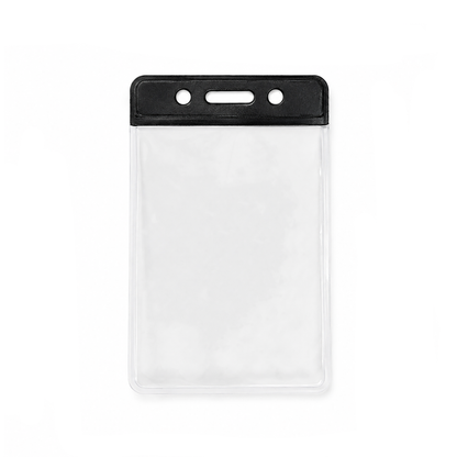 A vertical clear plastic ID badge holder sleeve with a black top header bar and three hanging holes (slot and chain), shown on a plain white background. (1820-1051) 